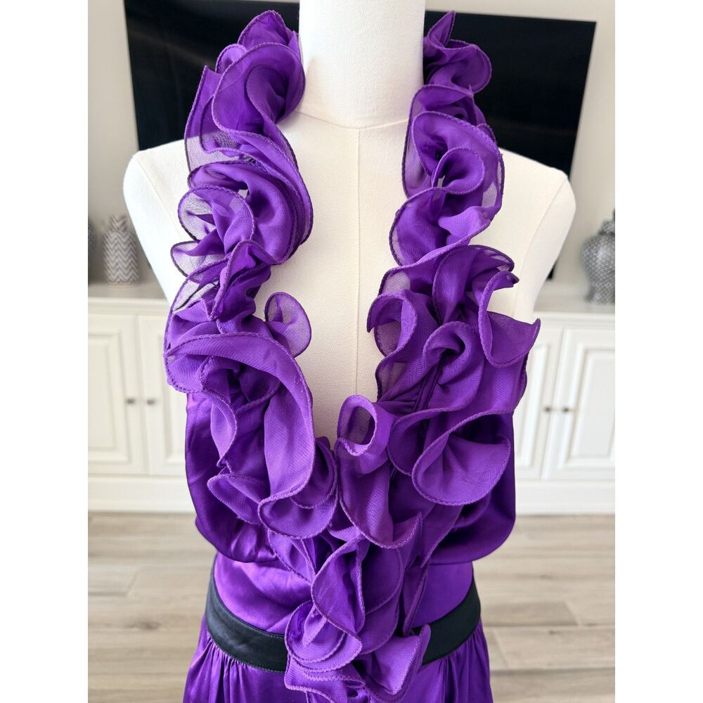 bebe Purple Satin Ruffled Corset Halter Top, Black Waistband, Size M
